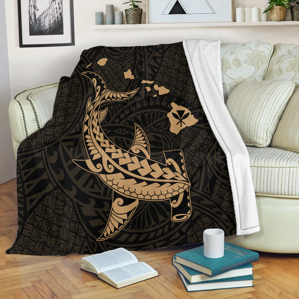 Hawaii Premium Blanket Hawaiian Native Map Hammerhead Shark Gold-Myprintsy