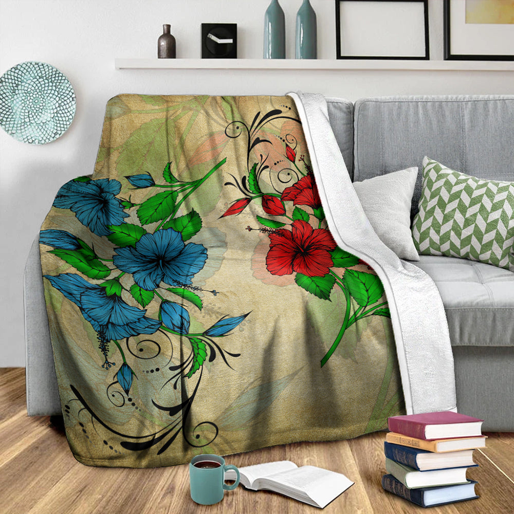 Hawaii Premium Blanket Hibiscus Blue And Red-Myprintsy
