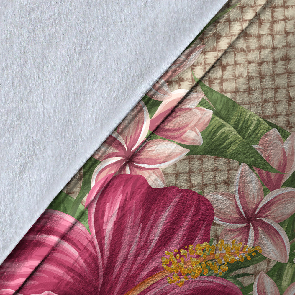 Hawaii Premium Blanket Hibiscus Plumeria Palm Leaves Lauhala Background Polynesian-Myprintsy