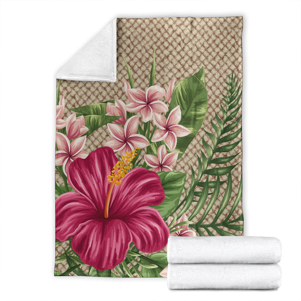 Hawaii Premium Blanket Hibiscus Plumeria Palm Leaves Lauhala Background Polynesian-Myprintsy