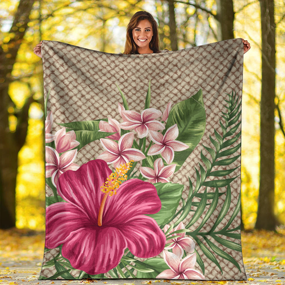 Hawaii Premium Blanket Hibiscus Plumeria Palm Leaves Lauhala Background Polynesian-Myprintsy