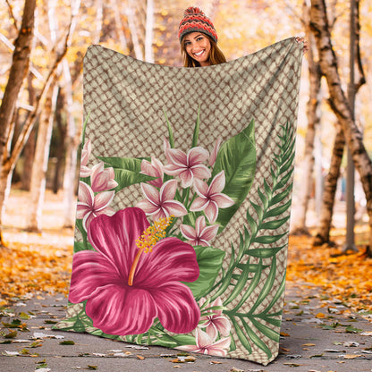 Hawaii Premium Blanket Hibiscus Plumeria Palm Leaves Lauhala Background Polynesian-Myprintsy
