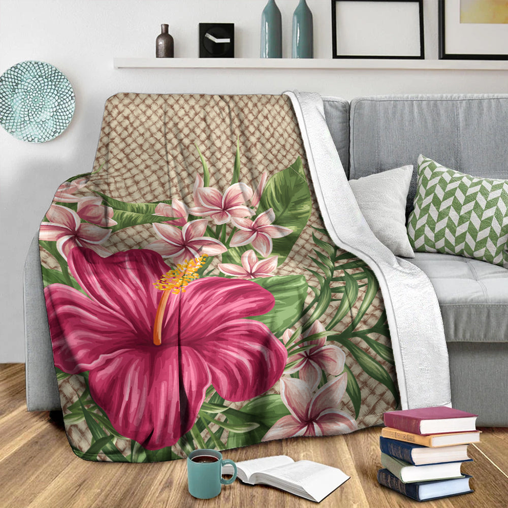 Hawaii Premium Blanket Hibiscus Plumeria Palm Leaves Lauhala Background Polynesian-Myprintsy