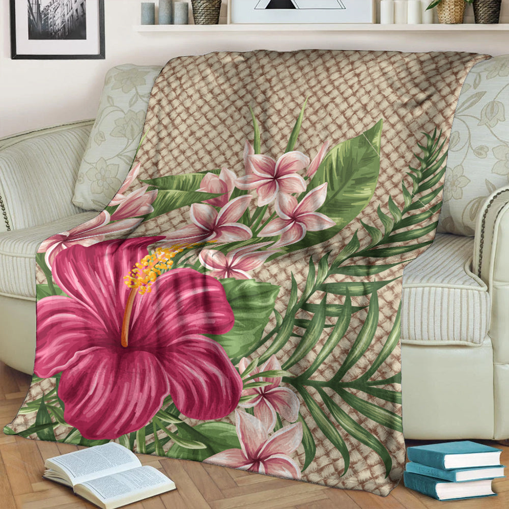 Hawaii Premium Blanket Hibiscus Plumeria Palm Leaves Lauhala Background Polynesian-Myprintsy