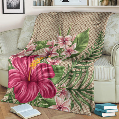 Hawaii Premium Blanket Hibiscus Plumeria Palm Leaves Lauhala Background Polynesian-Myprintsy