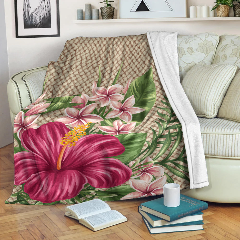 Hawaii Premium Blanket Hibiscus Plumeria Palm Leaves Lauhala Background Polynesian-Myprintsy