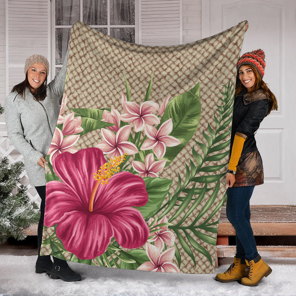 Hawaii Premium Blanket Hibiscus Plumeria Palm Leaves Lauhala Background Polynesian-Myprintsy