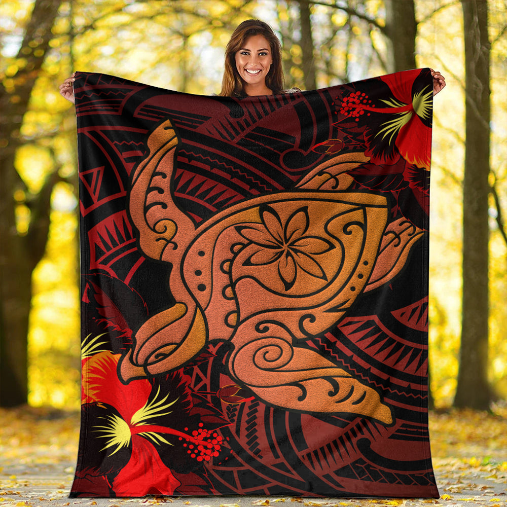Hawaii Premium Blanket Hibiscus Polynesian Red Big Turtle-Myprintsy