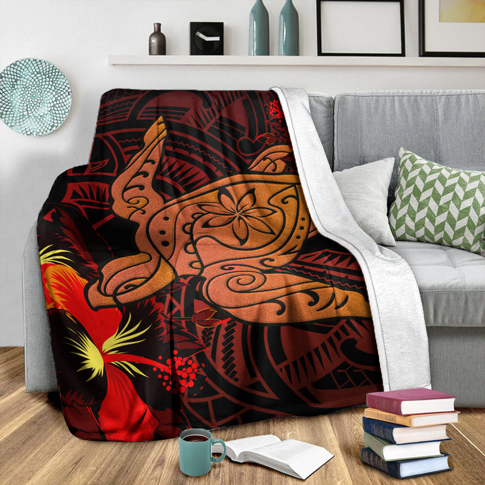 Hawaii Premium Blanket Hibiscus Polynesian Red Big Turtle-Myprintsy