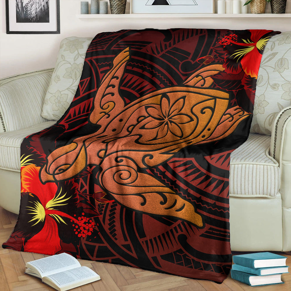 Hawaii Premium Blanket Hibiscus Polynesian Red Big Turtle-Myprintsy