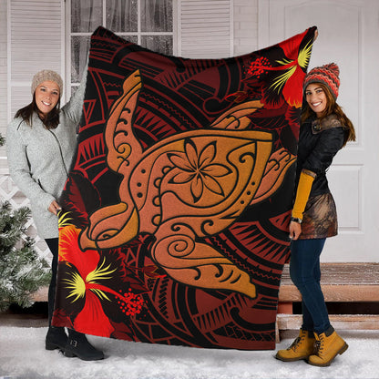 Hawaii Premium Blanket Hibiscus Polynesian Red Big Turtle-Myprintsy