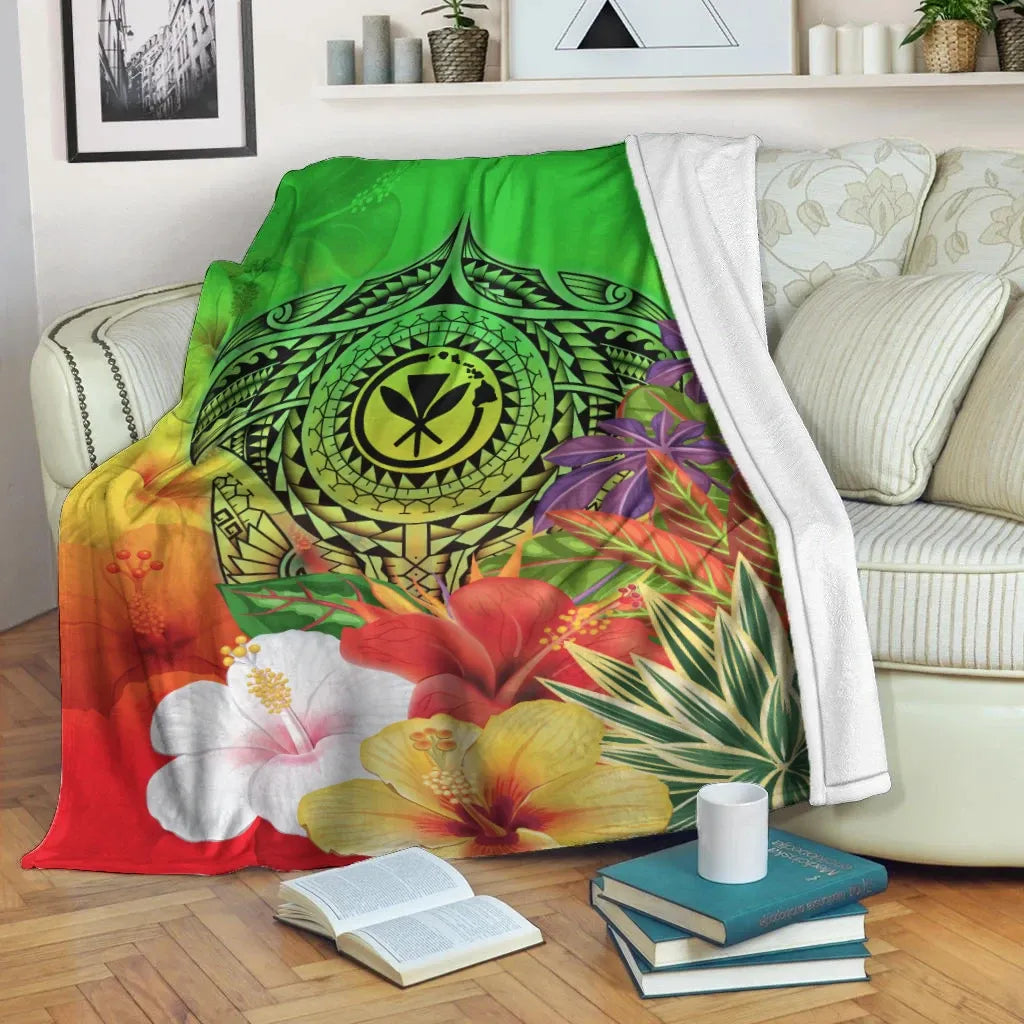 Hawaii Premium Blanket - Kanaka Maoli Manta Ray Tropical Flowers (Green)-Myprintsy