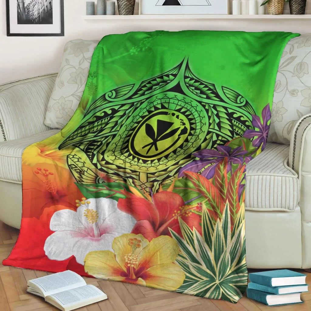 Hawaii Premium Blanket - Kanaka Maoli Manta Ray Tropical Flowers (Green)-Myprintsy