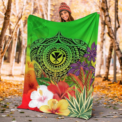 Hawaii Premium Blanket - Kanaka Maoli Manta Ray Tropical Flowers (Green)-Myprintsy