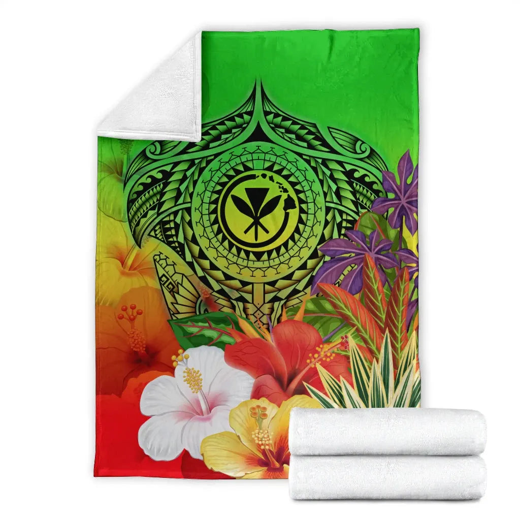 Hawaii Premium Blanket - Kanaka Maoli Manta Ray Tropical Flowers (Green)-Myprintsy