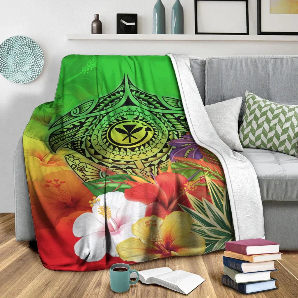 Hawaii Premium Blanket - Kanaka Maoli Manta Ray Tropical Flowers (Green)-Myprintsy