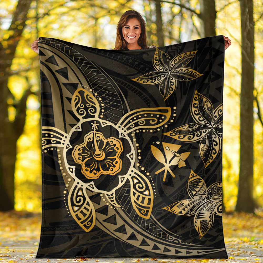 Hawaii Premium Blanket Kanaka Maoli Map Hibiscus Plumeria Turtle Art Polynesian Gold-Myprintsy