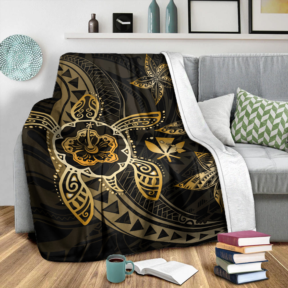 Hawaii Premium Blanket Kanaka Maoli Map Hibiscus Plumeria Turtle Art Polynesian Gold-Myprintsy