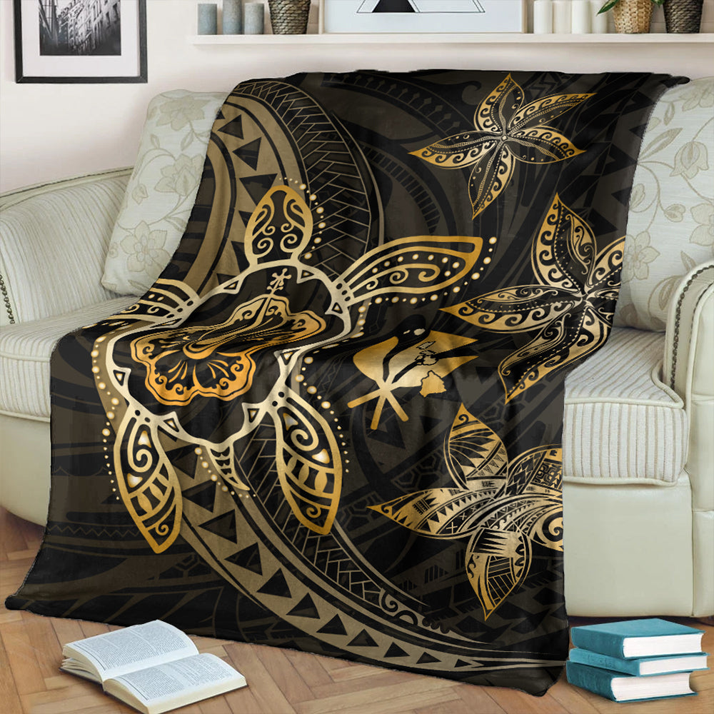Hawaii Premium Blanket Kanaka Maoli Map Hibiscus Plumeria Turtle Art Polynesian Gold-Myprintsy