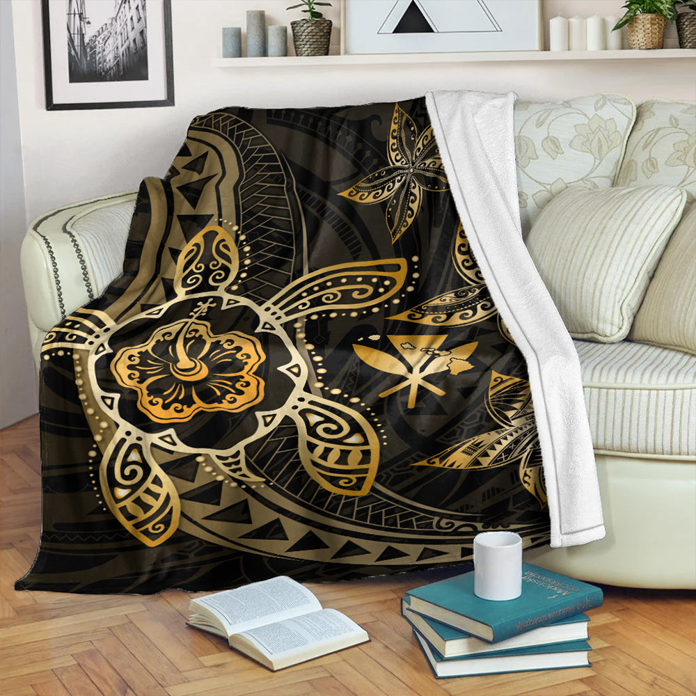 Hawaii Premium Blanket Kanaka Maoli Map Hibiscus Plumeria Turtle Art Polynesian Gold-Myprintsy