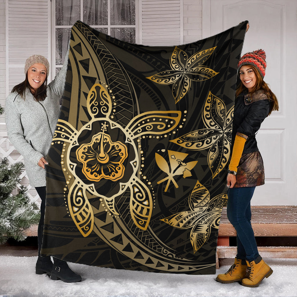 Hawaii Premium Blanket Kanaka Maoli Map Hibiscus Plumeria Turtle Art Polynesian Gold-Myprintsy