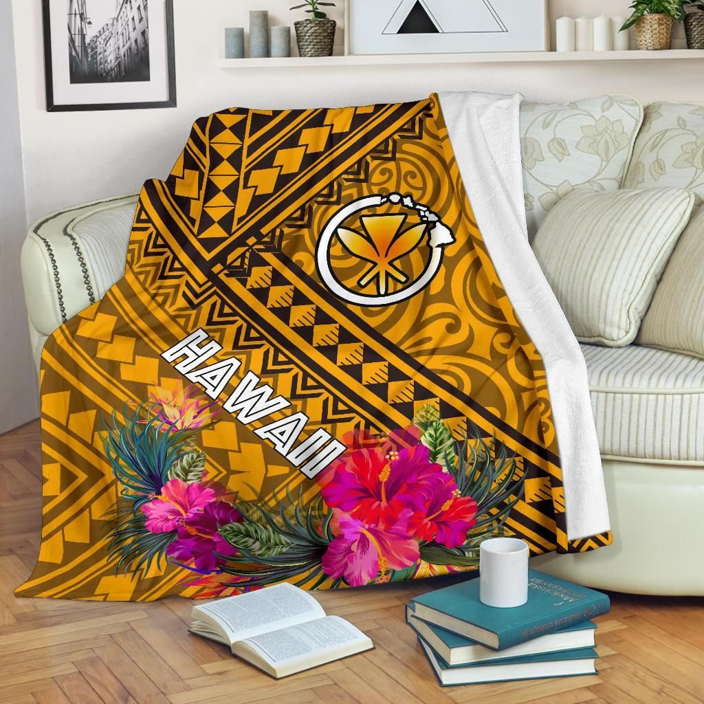 Hawaii Premium Blanket - Kanaka Maoli With Hibiscus On Polynesian Patterns (Yellow)-Myprintsy