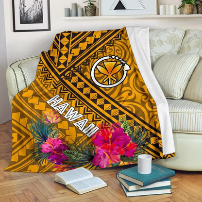 Hawaii Premium Blanket - Kanaka Maoli With Hibiscus On Polynesian Patterns (Yellow)-Myprintsy