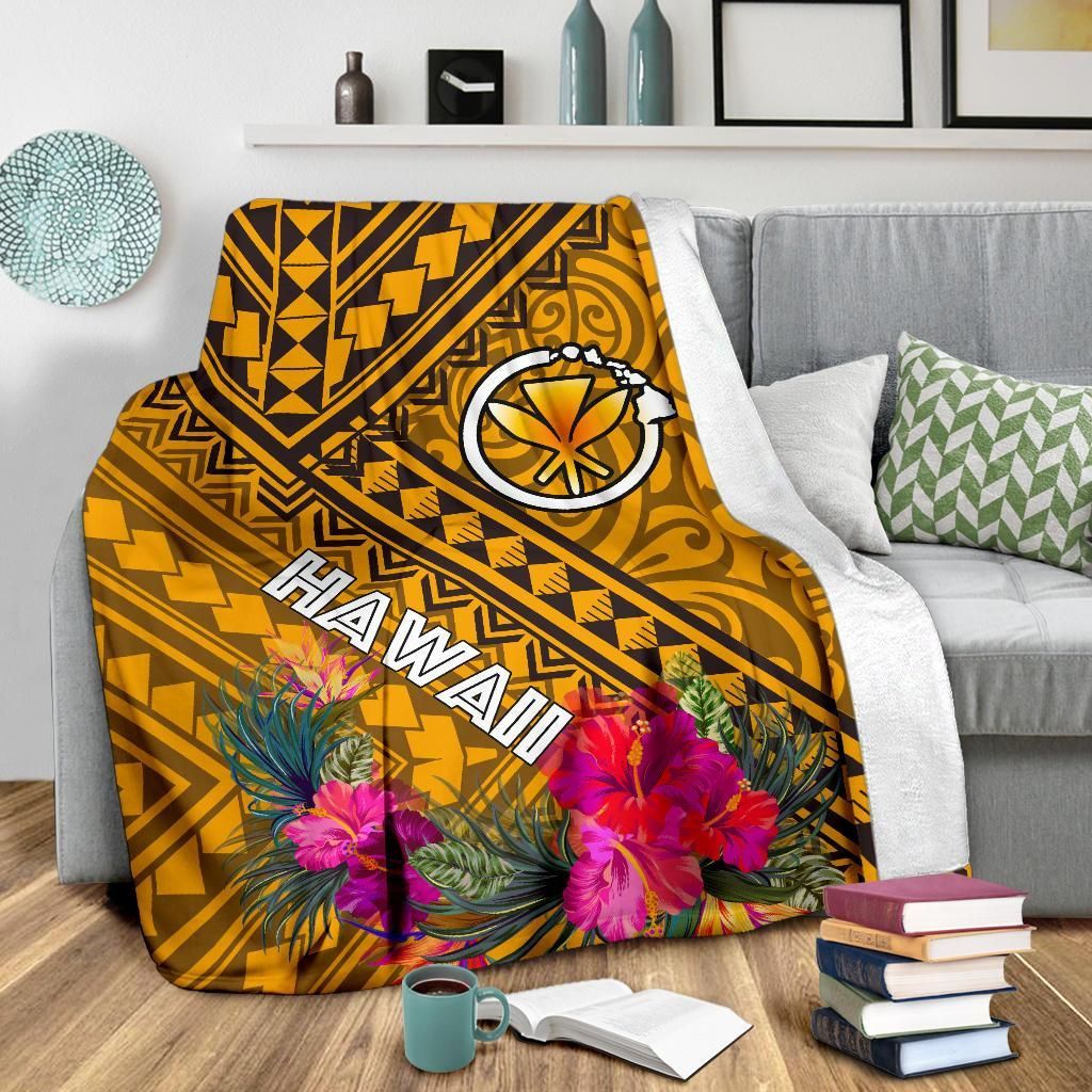 Hawaii Premium Blanket - Kanaka Maoli With Hibiscus On Polynesian Patterns (Yellow)-Myprintsy