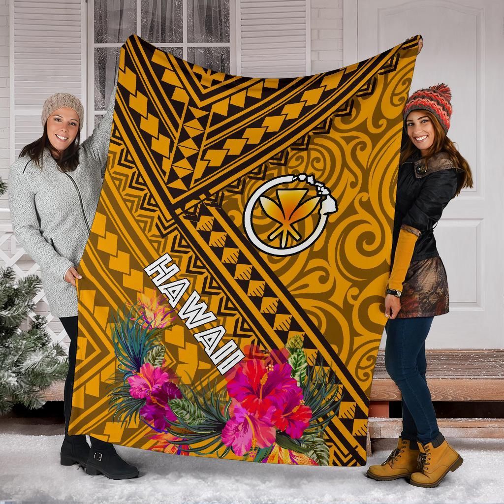 Hawaii Premium Blanket - Kanaka Maoli With Hibiscus On Polynesian Patterns (Yellow)-Myprintsy