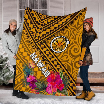 Hawaii Premium Blanket - Kanaka Maoli With Hibiscus On Polynesian Patterns (Yellow)-Myprintsy