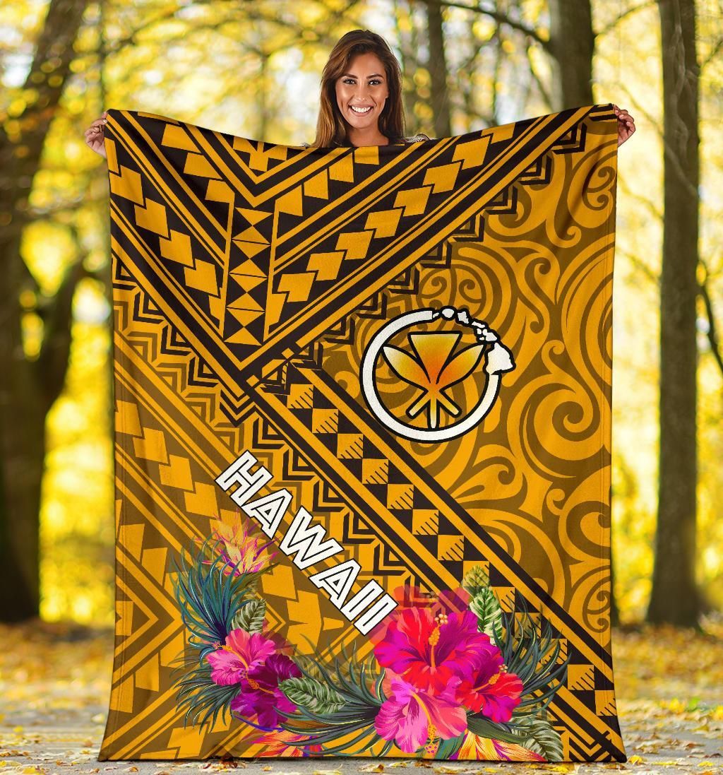 Hawaii Premium Blanket - Kanaka Maoli With Hibiscus On Polynesian Patterns (Yellow)-Myprintsy