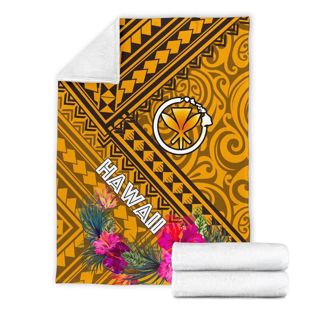 Hawaii Premium Blanket - Kanaka Maoli With Hibiscus On Polynesian Patterns (Yellow)-Myprintsy