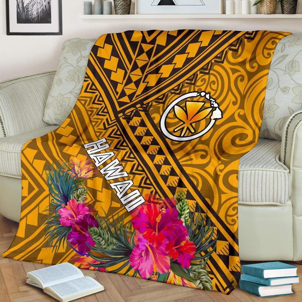 Hawaii Premium Blanket - Kanaka Maoli With Hibiscus On Polynesian Patterns (Yellow)-Myprintsy