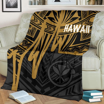 Hawaii Premium Blanket - Kanaka Maoli With Polynesian Pattern In Heartbeat Style (Gold)-Myprintsy