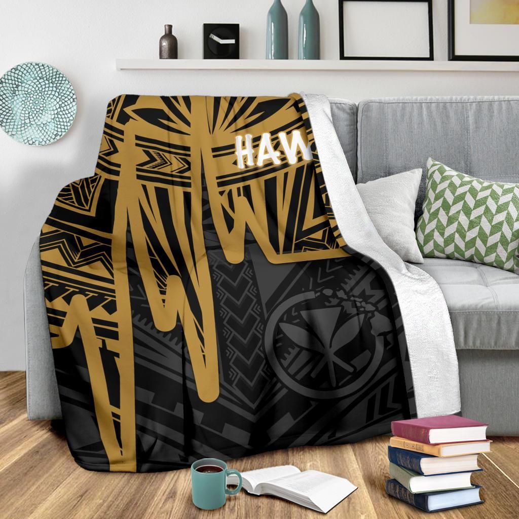 Hawaii Premium Blanket - Kanaka Maoli With Polynesian Pattern In Heartbeat Style (Gold)-Myprintsy