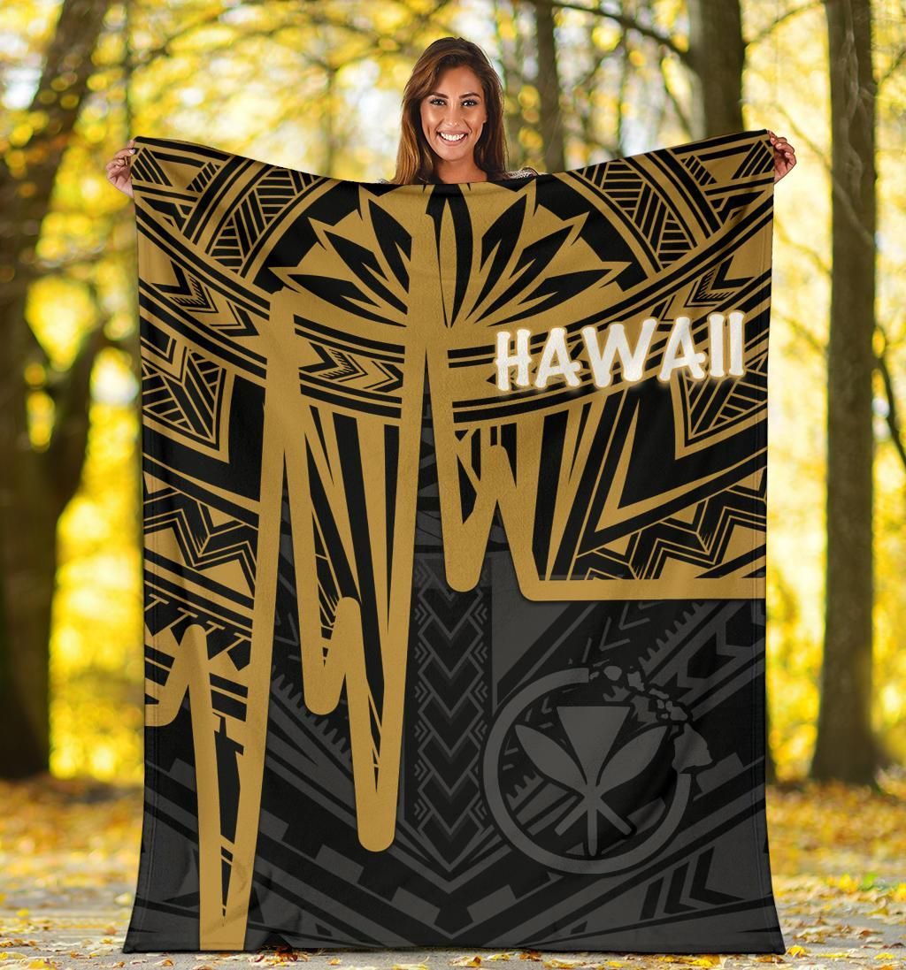 Hawaii Premium Blanket - Kanaka Maoli With Polynesian Pattern In Heartbeat Style (Gold)-Myprintsy