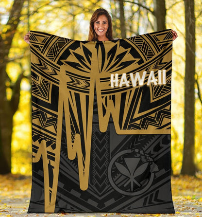 Hawaii Premium Blanket - Kanaka Maoli With Polynesian Pattern In Heartbeat Style (Gold)-Myprintsy