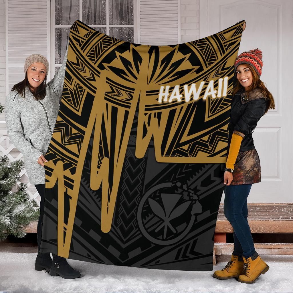 Hawaii Premium Blanket - Kanaka Maoli With Polynesian Pattern In Heartbeat Style (Gold)-Myprintsy