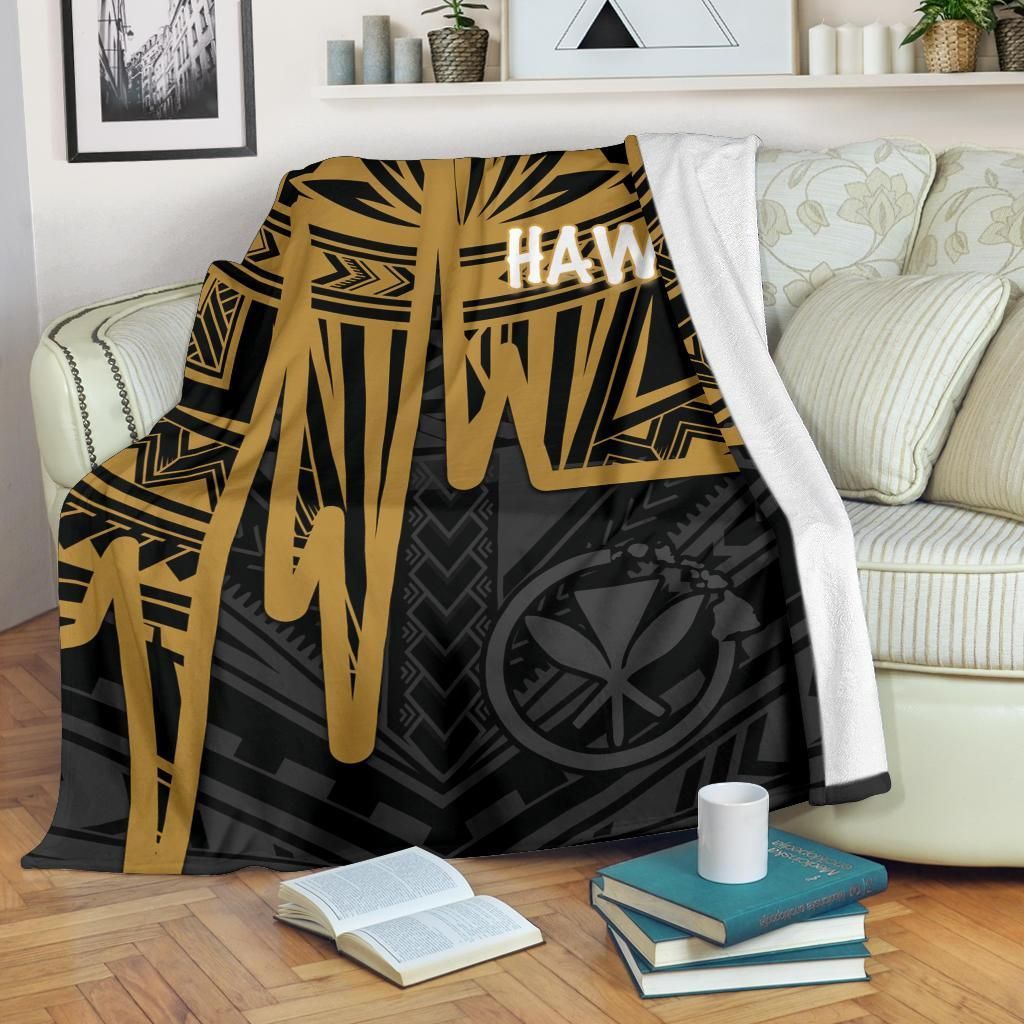 Hawaii Premium Blanket - Kanaka Maoli With Polynesian Pattern In Heartbeat Style (Gold)-Myprintsy