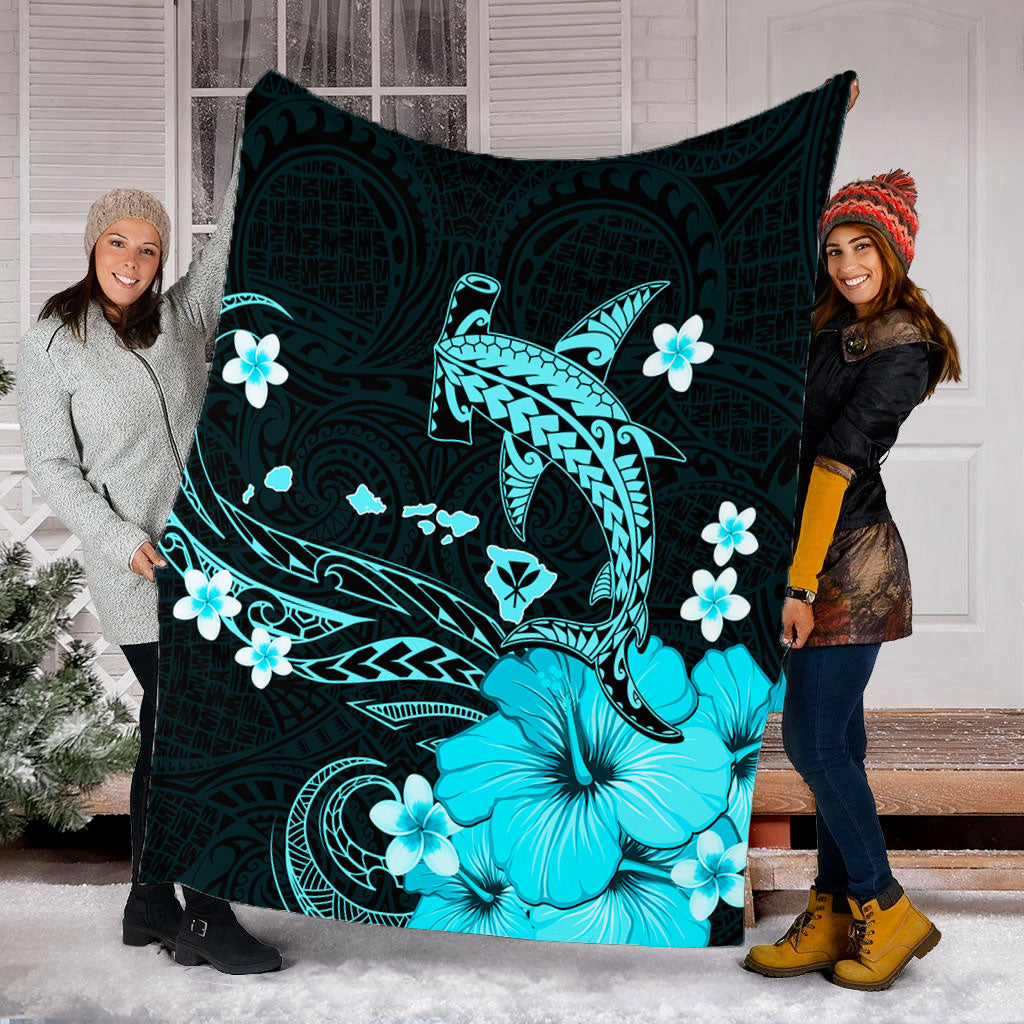 Hawaii Premium Blanket Kanaka Map And Shark Tribal Tattoo Turquoise-Myprintsy