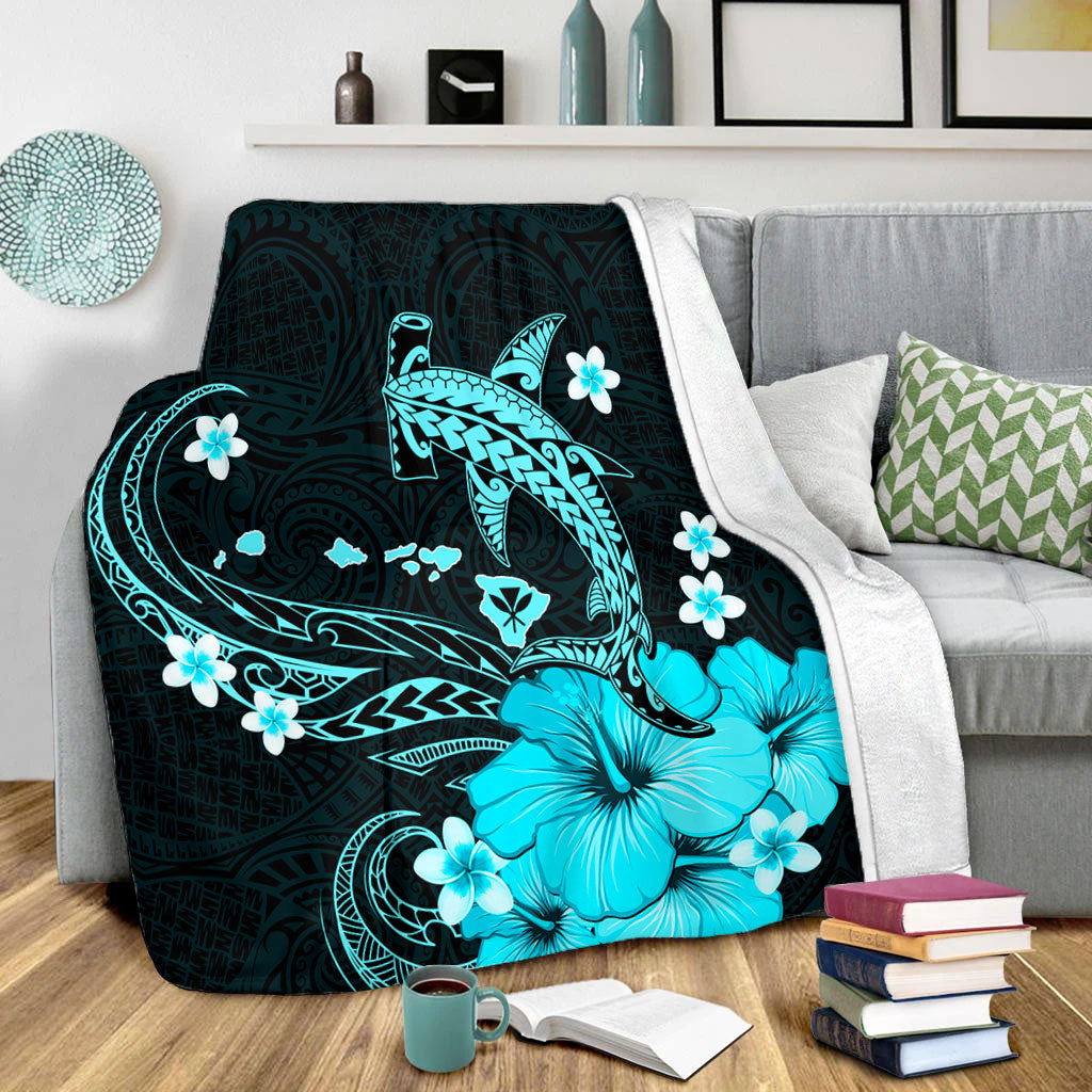 Hawaii Premium Blanket Kanaka Map And Shark Tribal Tattoo Turquoise-Myprintsy