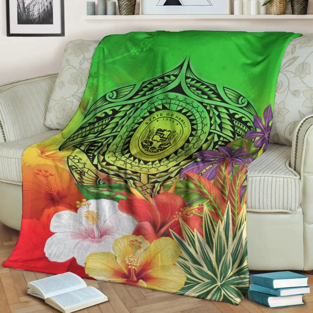 Hawaii Premium Blanket - Manta Ray Tropical Flowers (Green)-Myprintsy