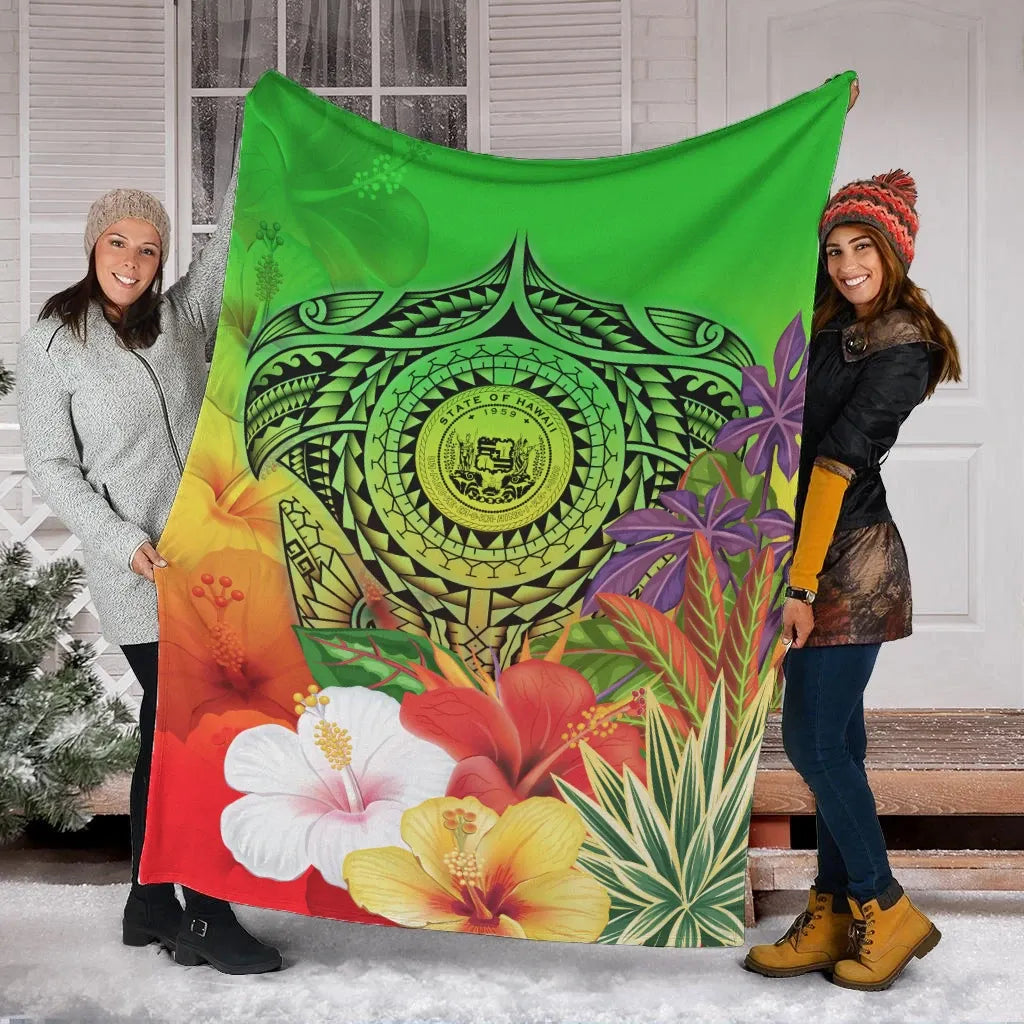 Hawaii Premium Blanket - Manta Ray Tropical Flowers (Green)-Myprintsy