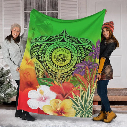 Hawaii Premium Blanket - Manta Ray Tropical Flowers (Green)-Myprintsy