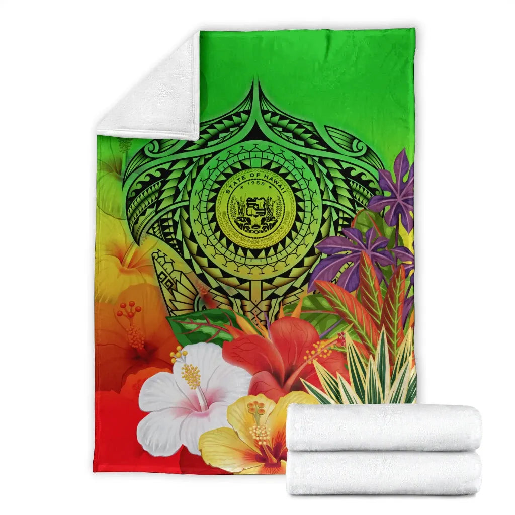 Hawaii Premium Blanket - Manta Ray Tropical Flowers (Green)-Myprintsy