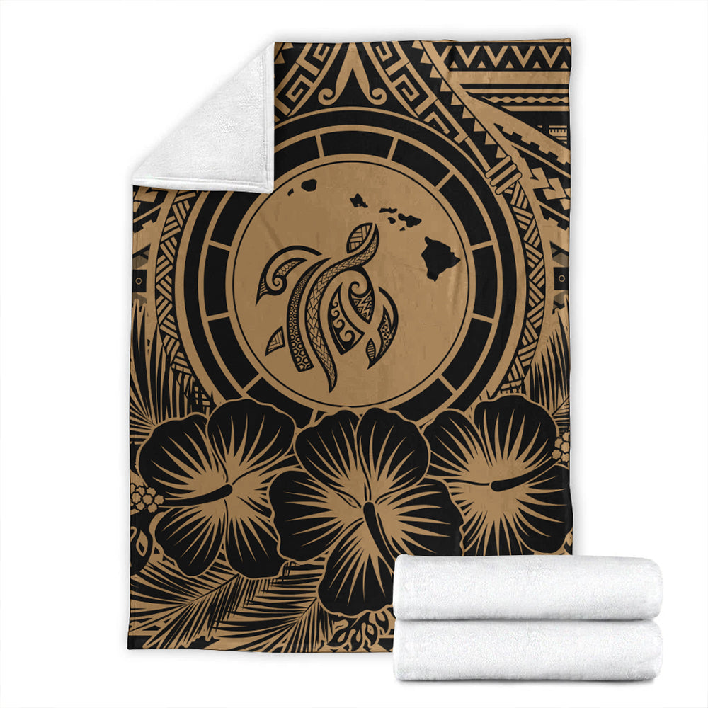 Hawaii Premium Blanket Map Honu Hibiscus Polynesian Gold-Myprintsy