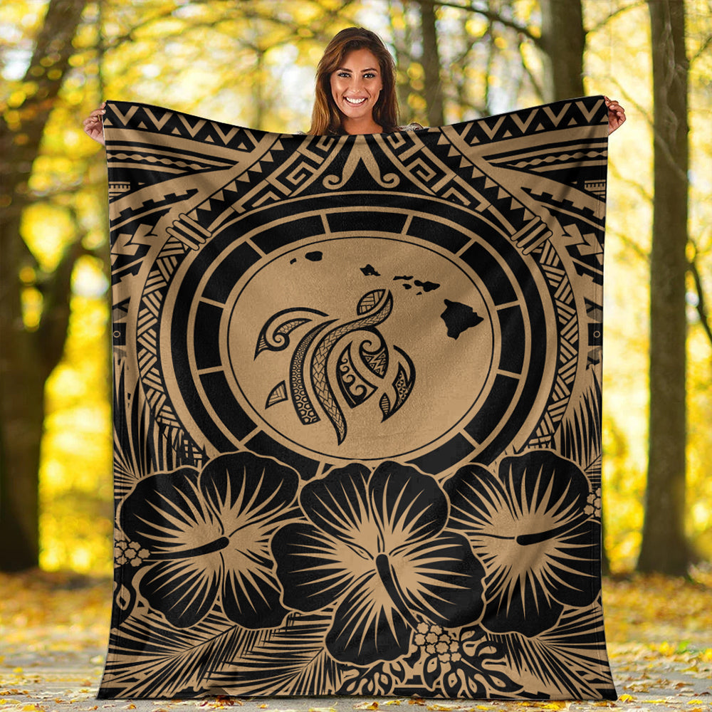Hawaii Premium Blanket Map Honu Hibiscus Polynesian Gold-Myprintsy