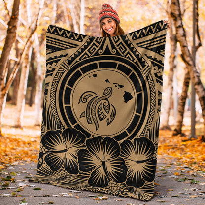 Hawaii Premium Blanket Map Honu Hibiscus Polynesian Gold-Myprintsy