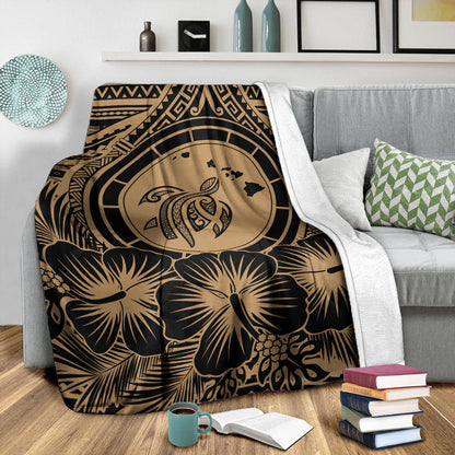 Hawaii Premium Blanket Map Honu Hibiscus Polynesian Gold-Myprintsy