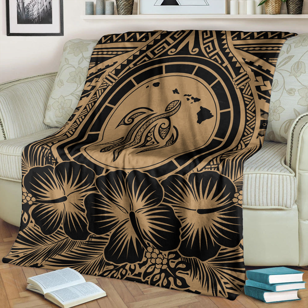 Hawaii Premium Blanket Map Honu Hibiscus Polynesian Gold-Myprintsy